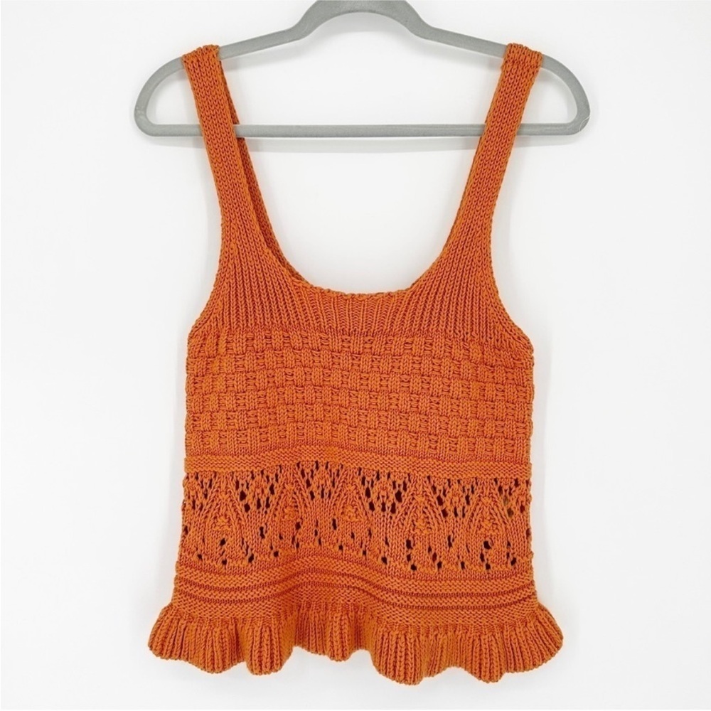 BROADWAY 38 Knitted Crochet Sleeveless Ruffle Peplum Burnt Orange Tank Top small